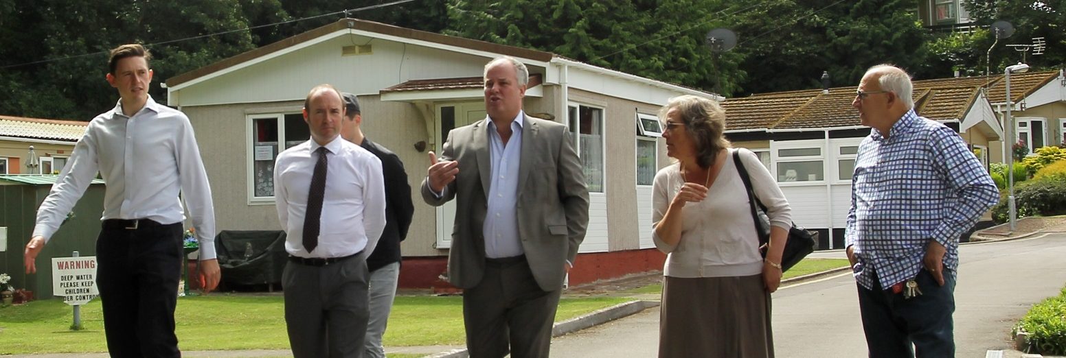 Wales Conservative leader and assembly member Andrew RT Davies (centre) is joined on his tour of Ham Manor by (from left) local councillor George Carroll who also works in the offices of Mr Davies; operations director of Berkeleyparks David Curson; Director General of BH&HPA Ros Pritchard OBE, and manager of Ham Manor John Fellows.