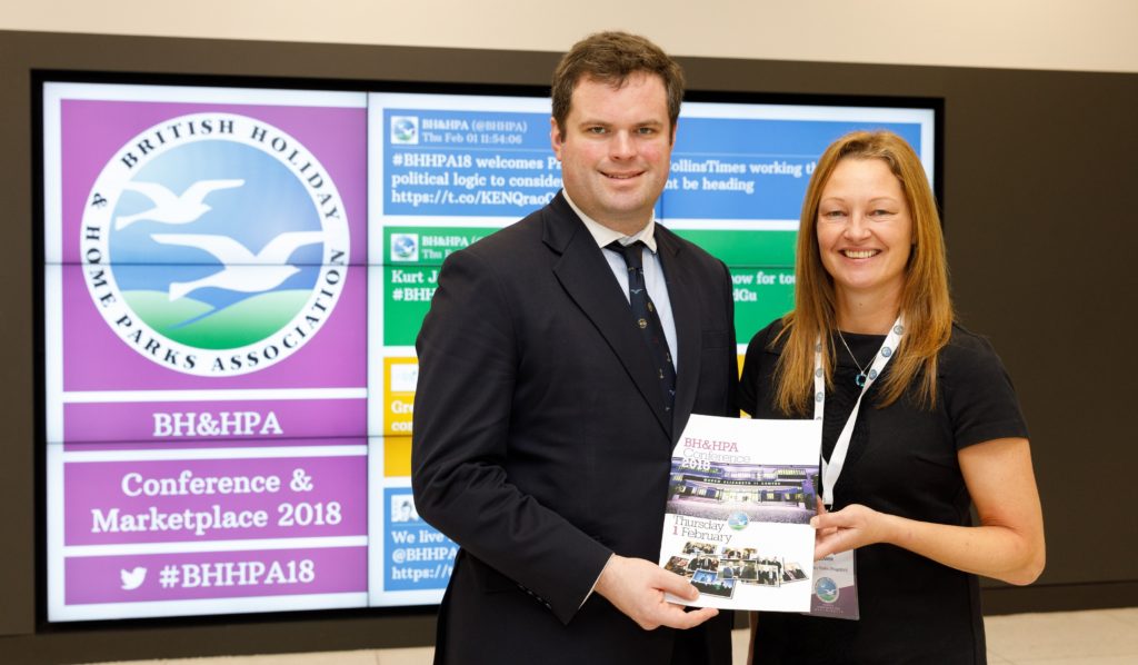 Kevin Foster MP is welcomed at the Westminster holiday parks conference by Claire Flower of Beverley Holidays